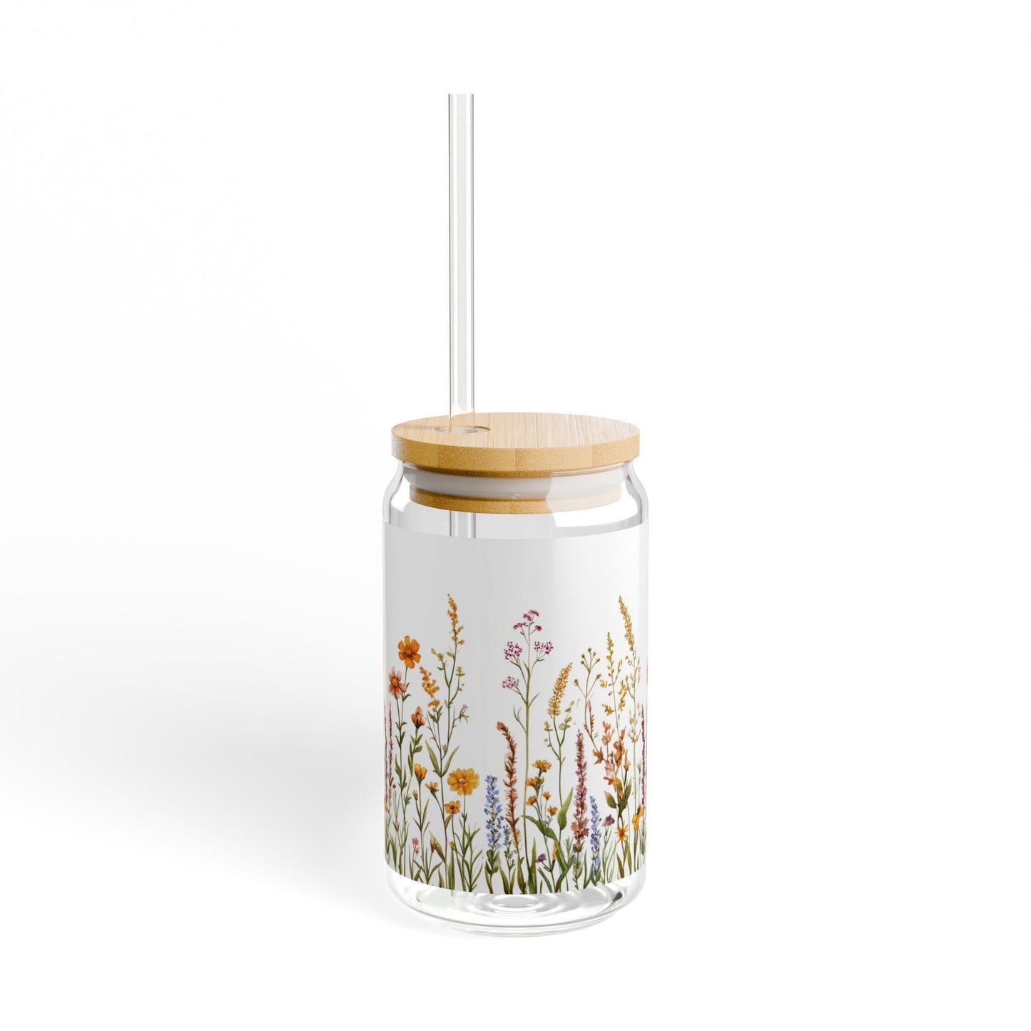 Wildflower Sipper Glass, 16oz with lid & glass straw