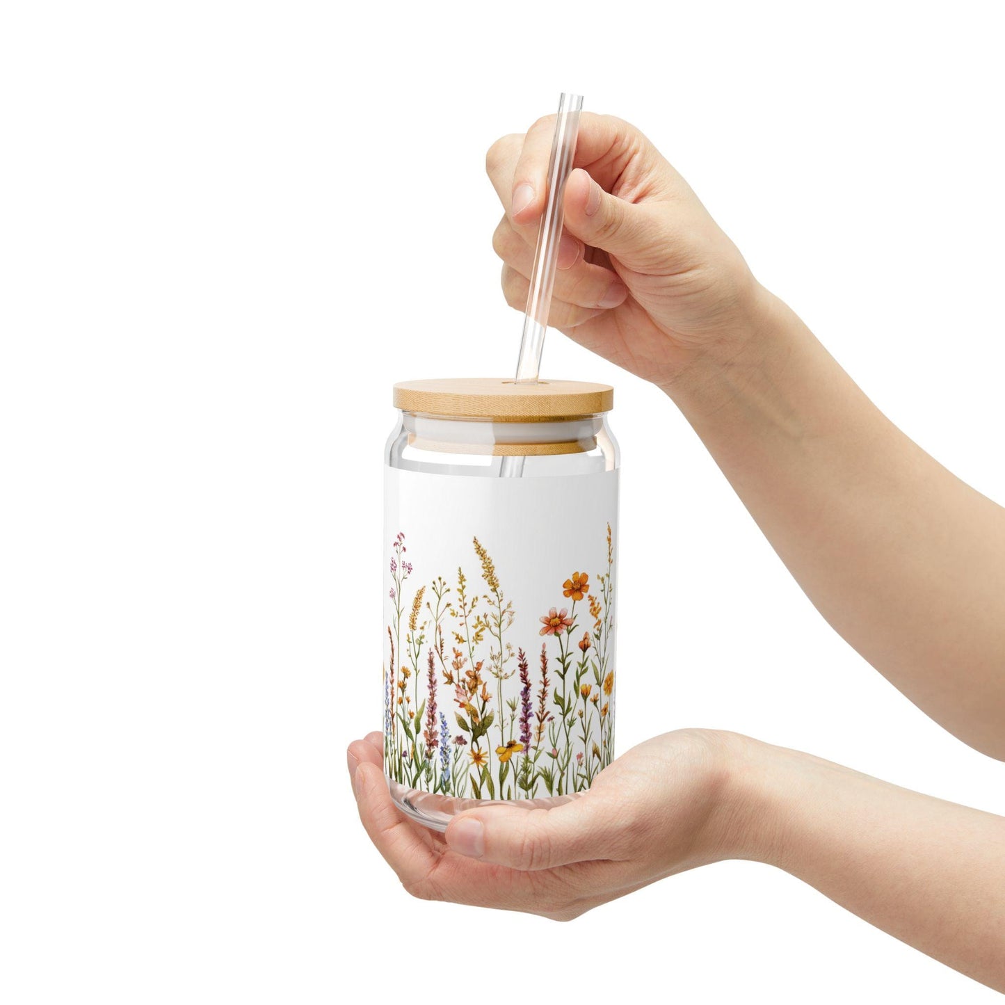 Wildflower Sipper Glass, 16oz with lid & glass straw