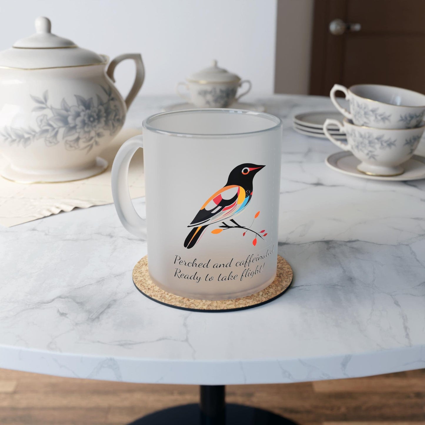 Perched & Caffeinated Custom Designed Bird Art Frosted Glass Mug - Glass Coffee Mug