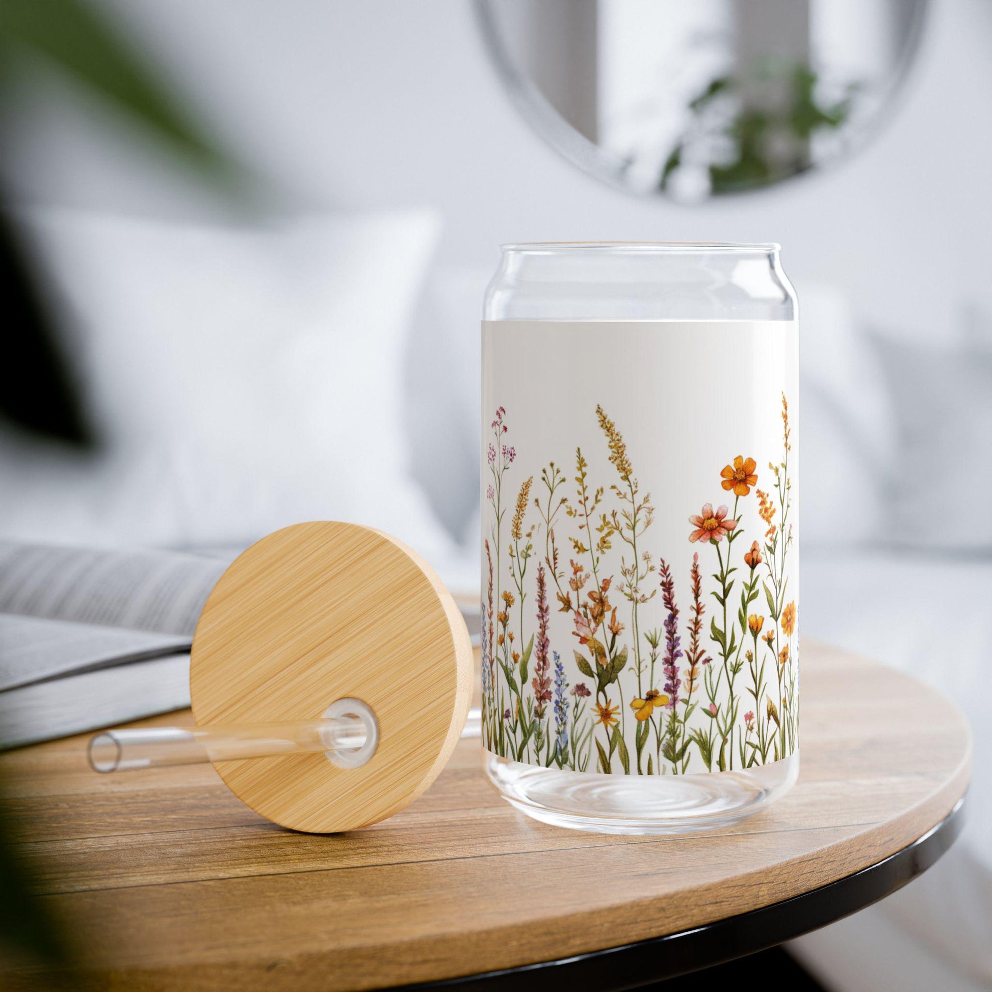 Wildflower Sipper Glass, 16oz with lid & glass straw