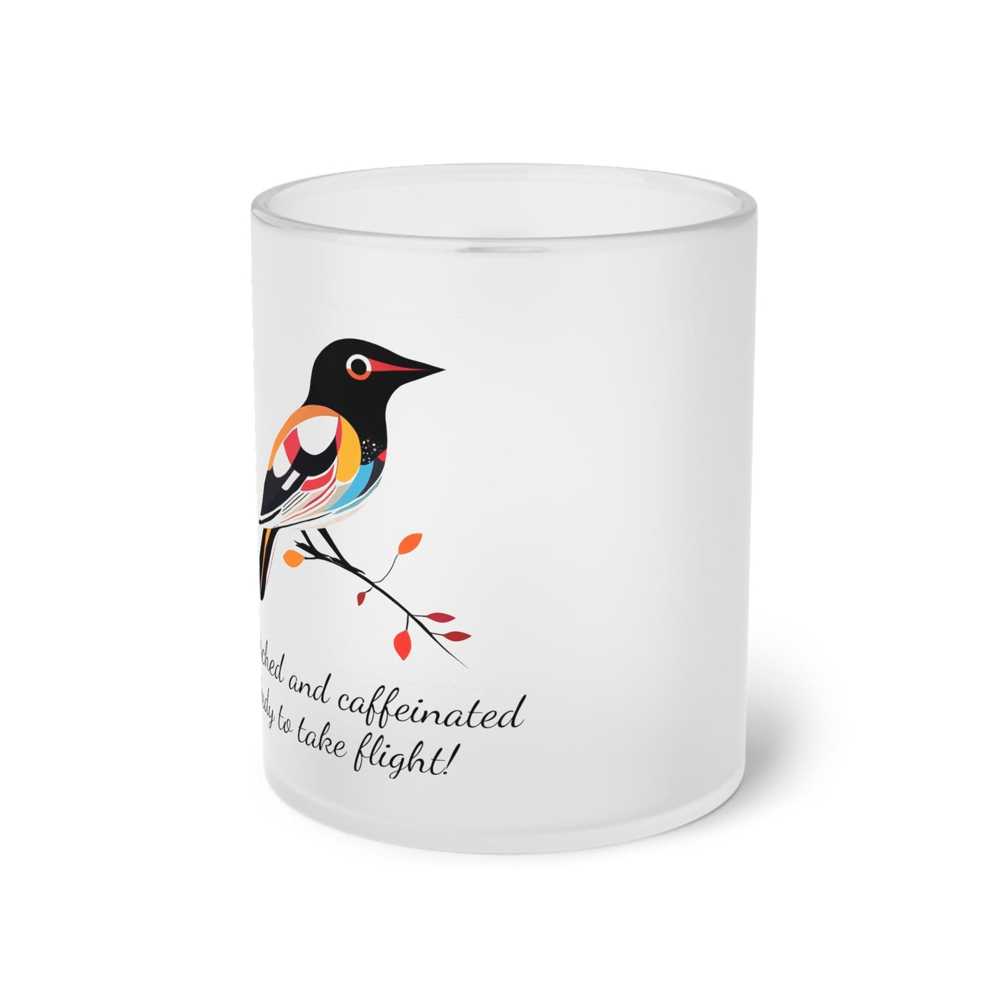 Perched & Caffeinated Custom Designed Bird Art Frosted Glass Mug - Glass Coffee Mug