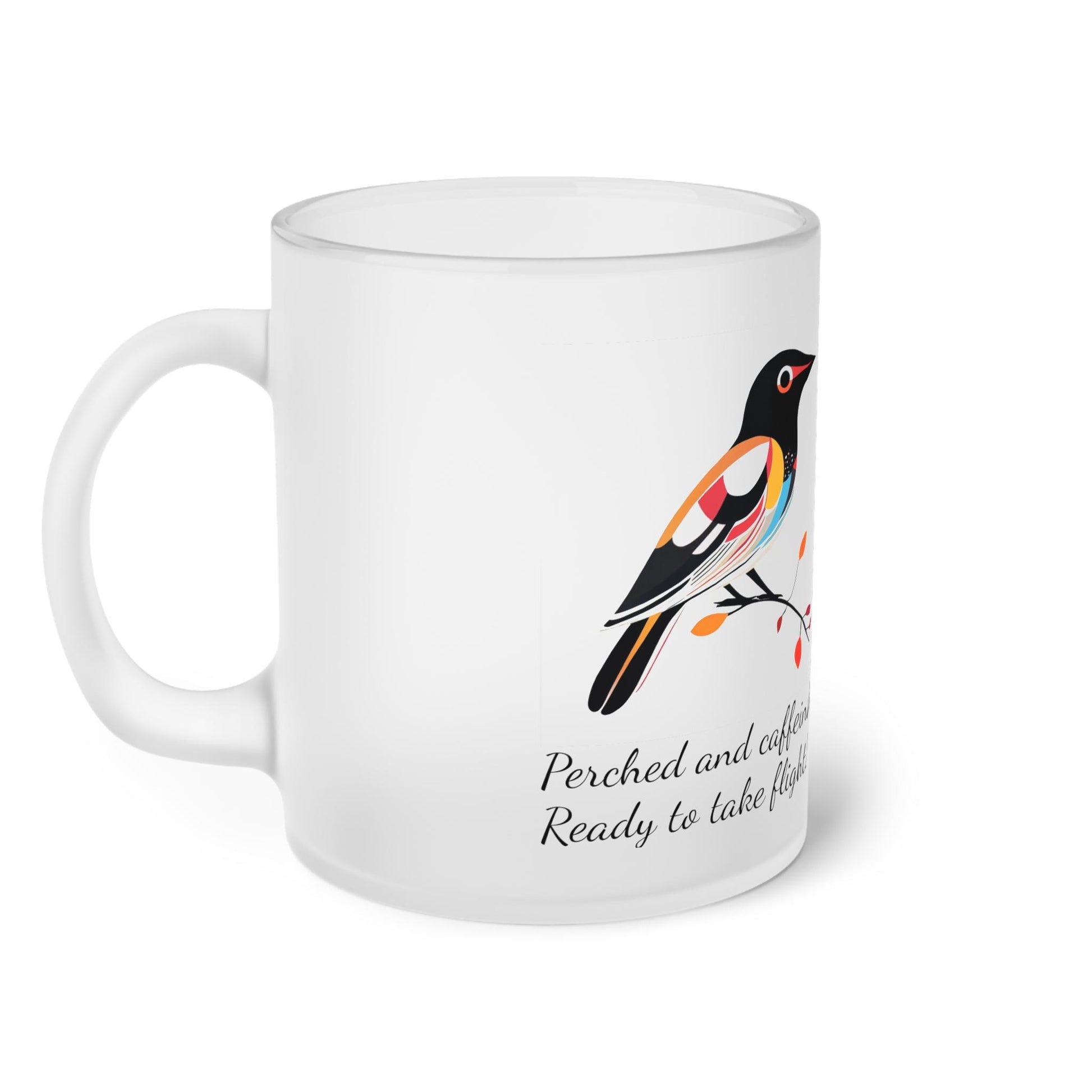 Perched & Caffeinated Custom Designed Bird Art Frosted Glass Mug - Glass Coffee Mug